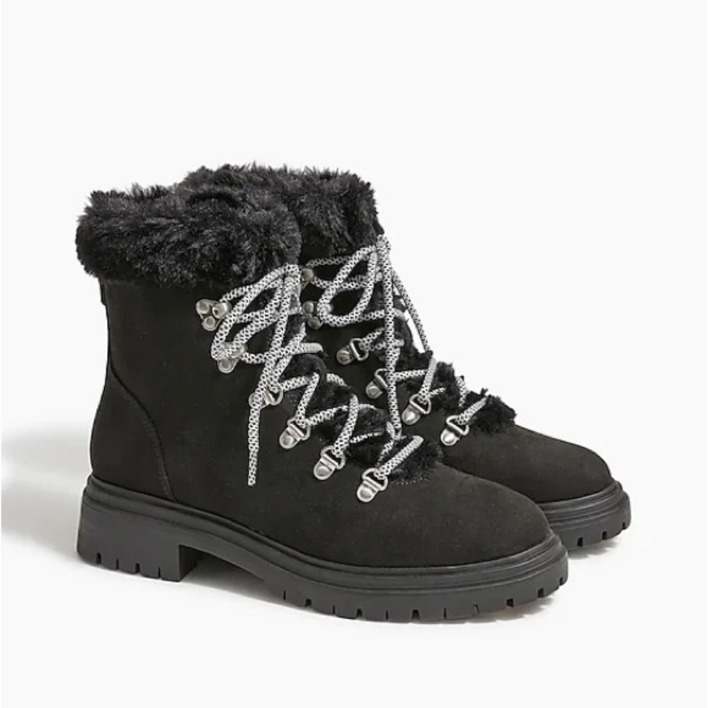 J. Crew Black Faux-fur winter hiking boots NWT